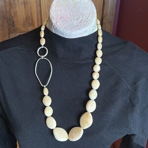 VTG 90s Kenneth Cole long wood bead Necklace silver tone hardware 13”